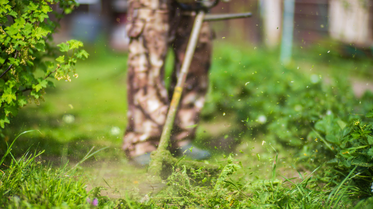 A man using a lawn mower to cut grass